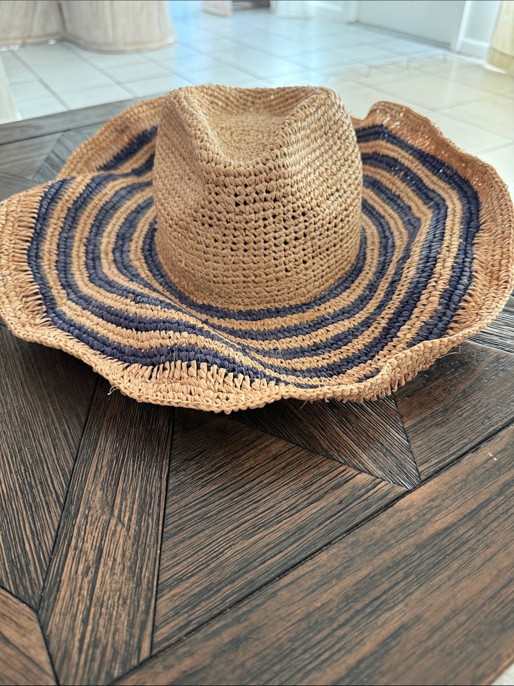 Tirabasso Italy Woven Raffia Sun Hat Navy Stripe Wide Brim Crochet Straw Hat